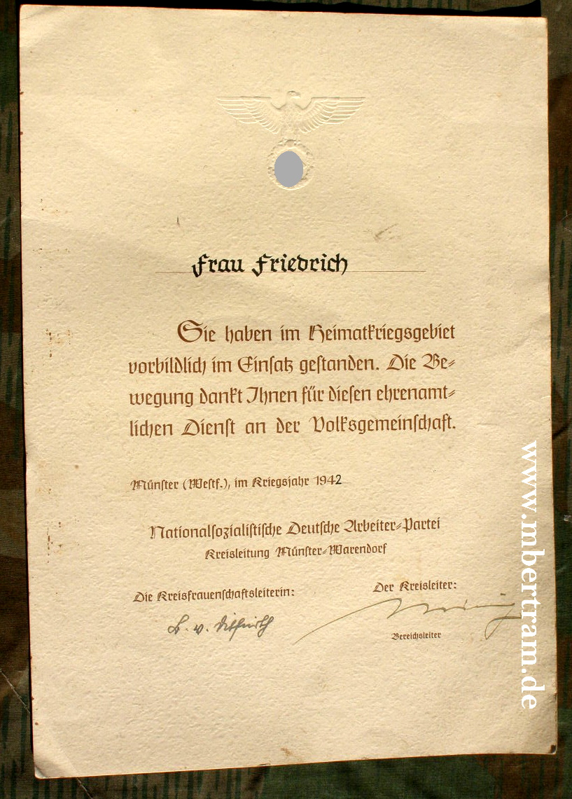 Din A 4 Anerkennungsurkunde der Kreisfrauenschaft, 1942