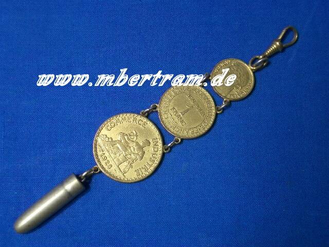 2. Weltkriegs Uhrenkettchen, Infanteriegeschoss u. frz. Geld