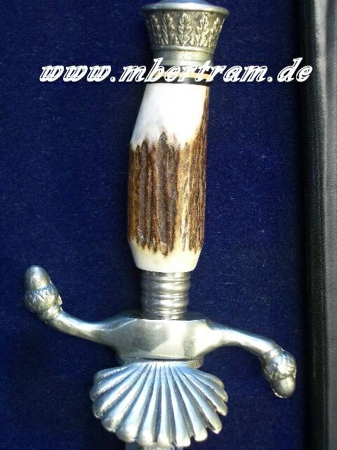 Hirschfänger Solingen, Hirschhorngriff, jagdliche Ätzung.