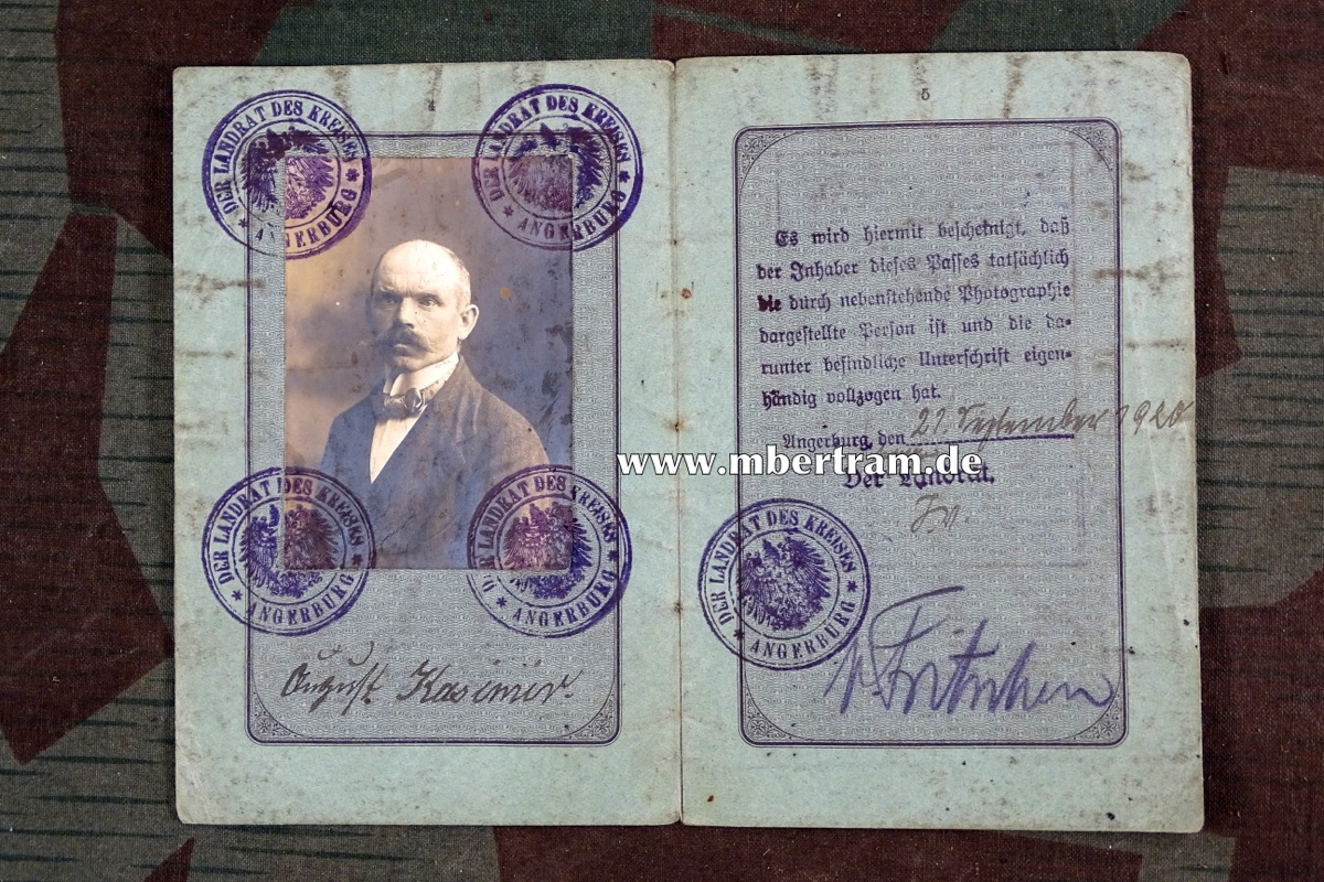 Reisepass Deutsches Reich Preussen, August Kasimir, Angerburg, 1920