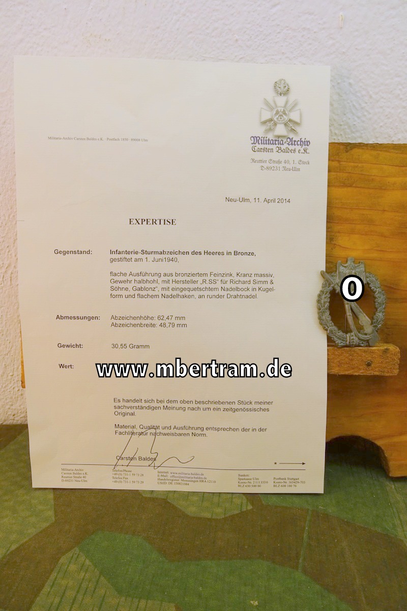 Infanteriesturmabzeichen in Bronze R.SS,  Feinzink, Kugelscharnier,  mit Expertise