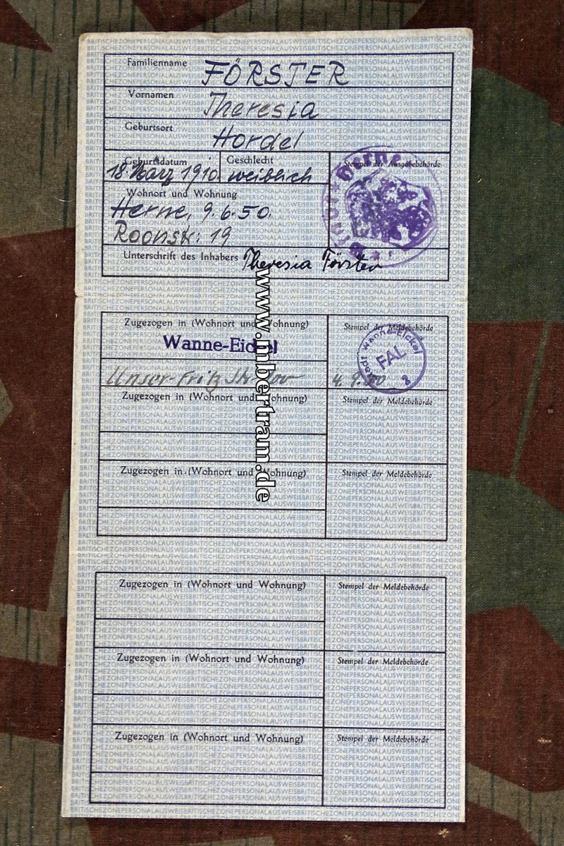 Ausweis Britische Zone, Theresia F., 1950, Herne Wanne Eickel.