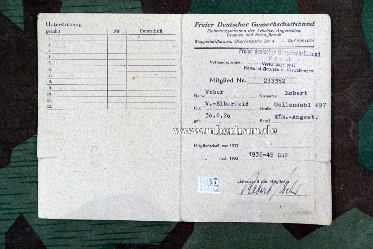 FDGB- Freier deutscher Gewerkschaftsbund Mitgliedsausweis von 1946