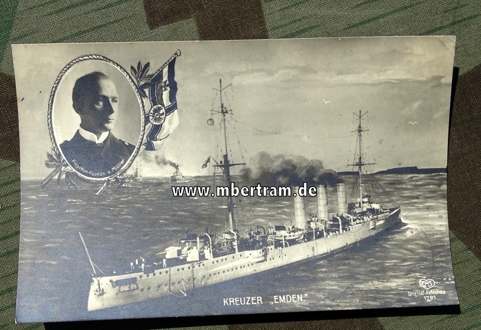 Postkarte Kreuzer Emden mit Fregatrtenkapitän v. Müller, gelaufen 19.01.1915