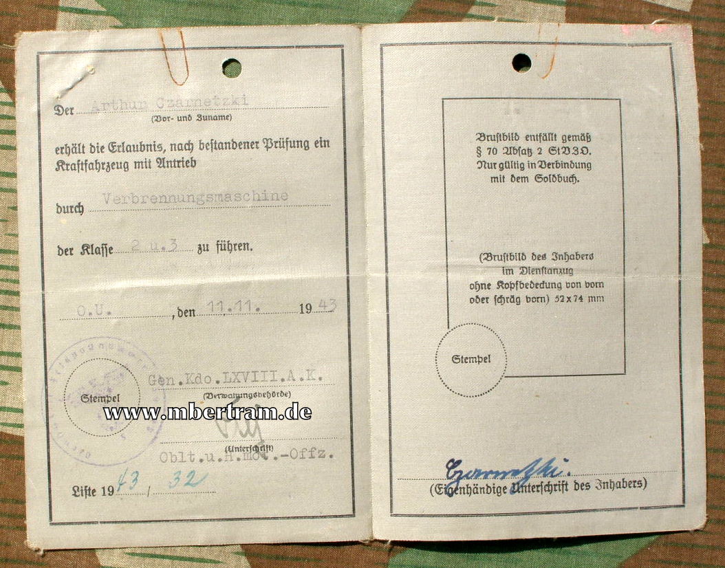 WH Führerschein Luftwaffe, 1943. Gen. Kdo. LXVIII. A. K.