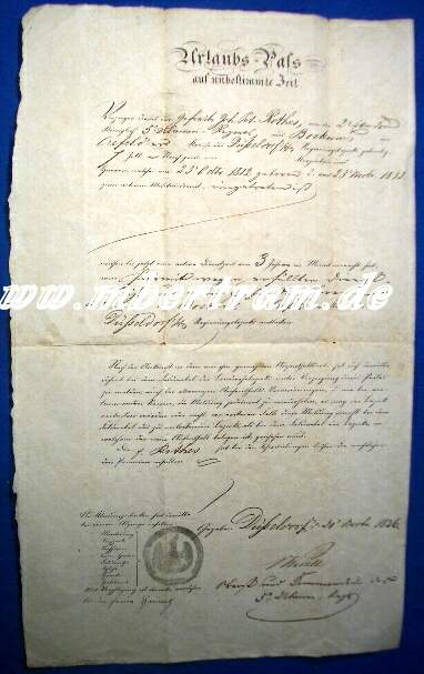 Urlaubs Pass 5. Ulanen Regiments zu Bockum, D-Dorf, 1836