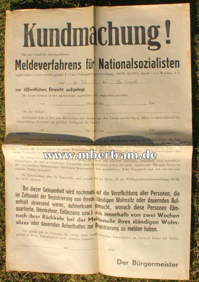 Plakat von 1946, Meldeverfahren für Nationalsozialisten