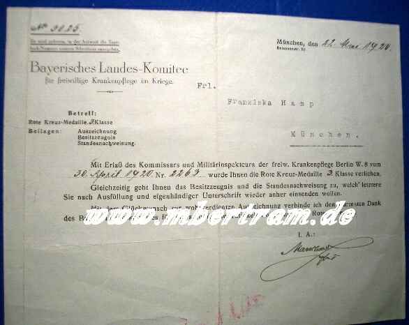 übersendungsschreiben zu Roter Kreuz Medaille 3. Kl. 1920