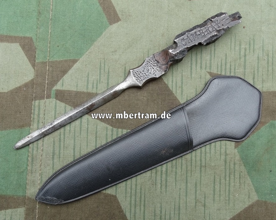 1. WK, patriotischer Brieföffner aus Granatsplitter Cambray 1917