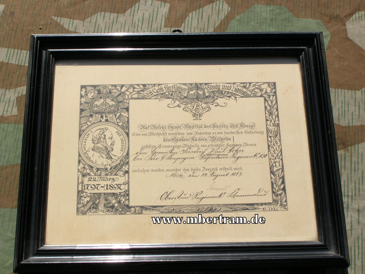 Urkunde für die Centenaer Medaille v..1897, für Hornisten