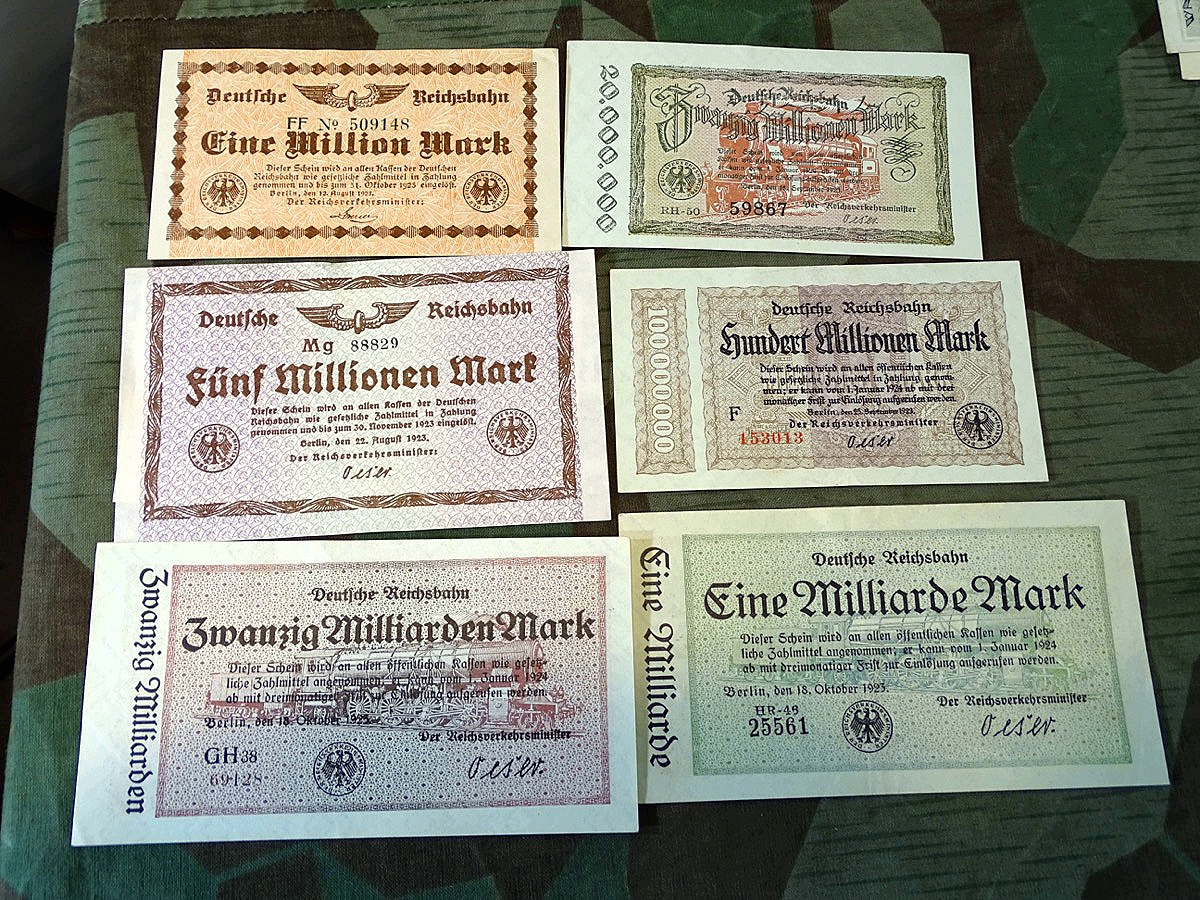 Notgeld : 6 Geldscheine- 1 Mio.-, 5 Mio.-, 20 Mio.-, 100 Mio.- 1Mrd.- 20 Mrd. Mark, Reichsbahn 1923
