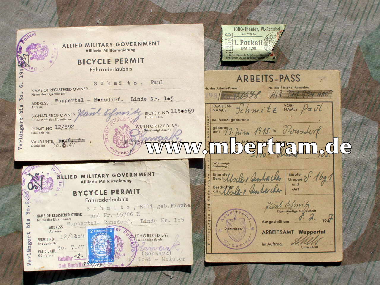 2x Bycycle Permit- Fahrrad Erlaubnis Wuppertal 1947