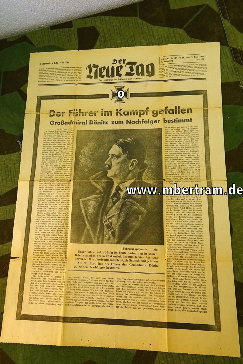 Tageszeitung vom 2. Mai 1945, "Der Führer ist gefallen- Dönitz wird sein Nachfolger"