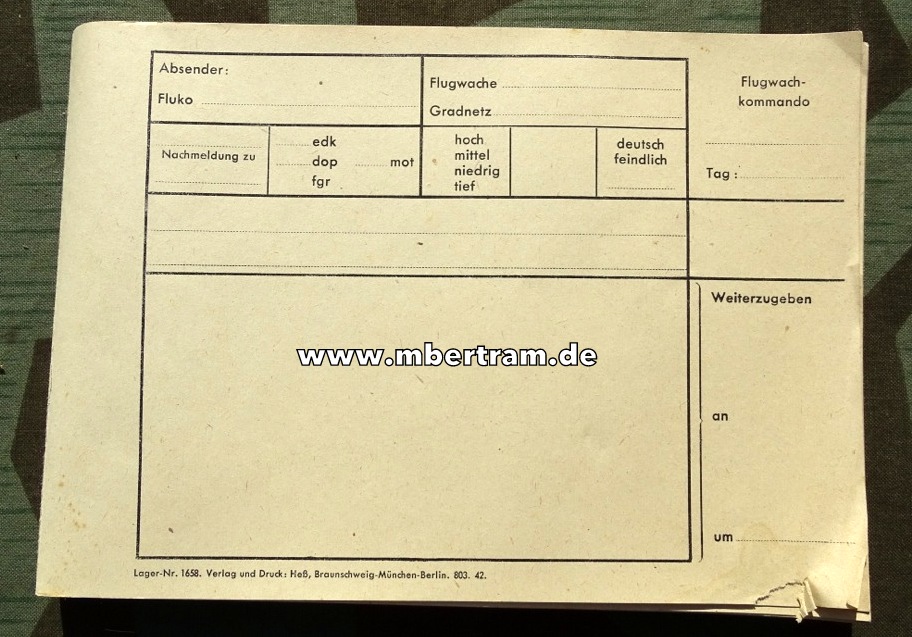 Wehrmacht Blanko Notitzformular des Flugwach- Kommandos von 1942