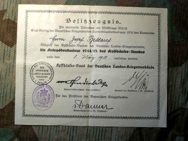 Urkunde für Kriegsdenkmünze 1914/18 Kyfhäuserbund